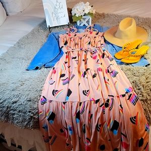 Dress- Sleeveless Abstract Rainbow A-Line Dress - Pink , Size large